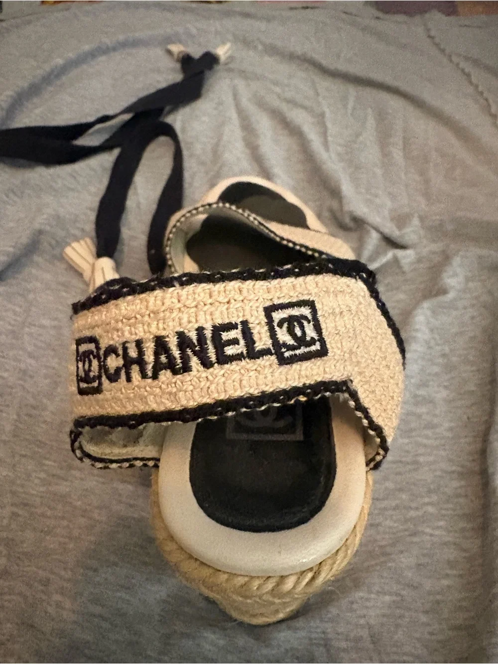 CHANEL Beige and Black Espadrille Lace-Up Sandals
